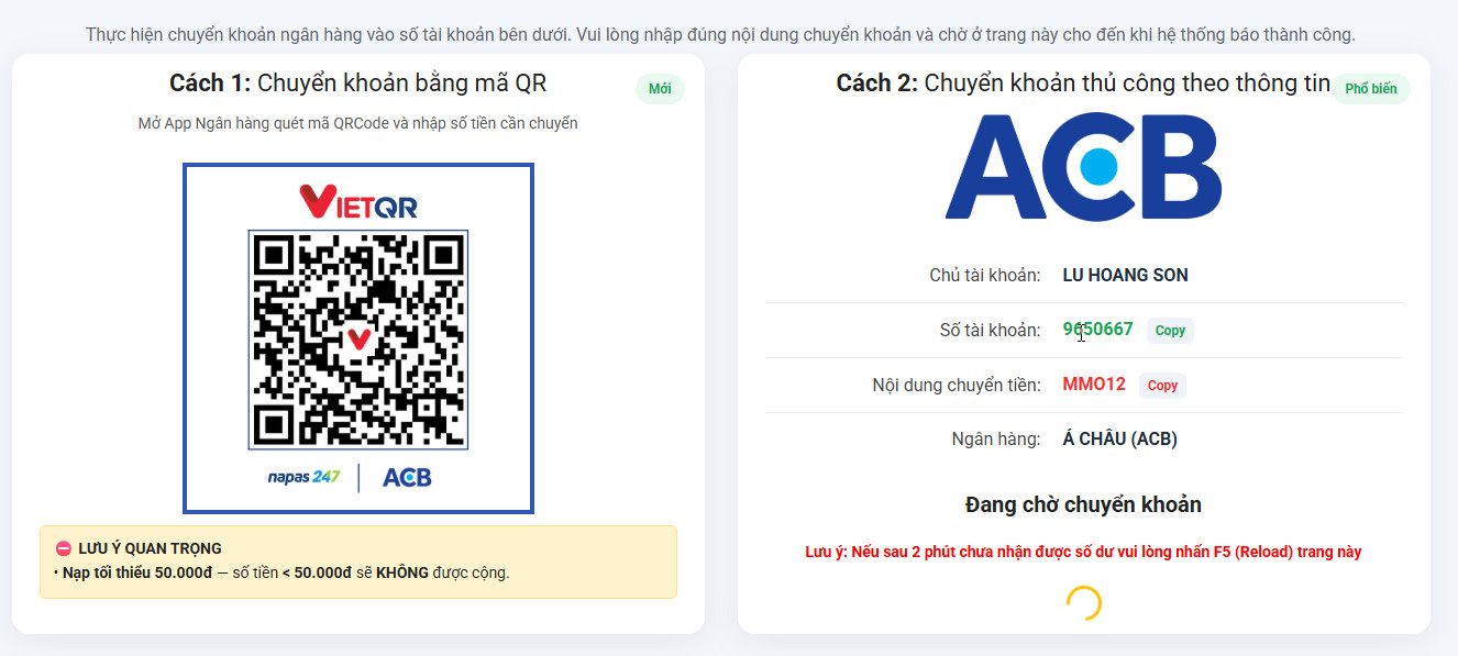 Hướng dẫn nạp tiền Taphoammo